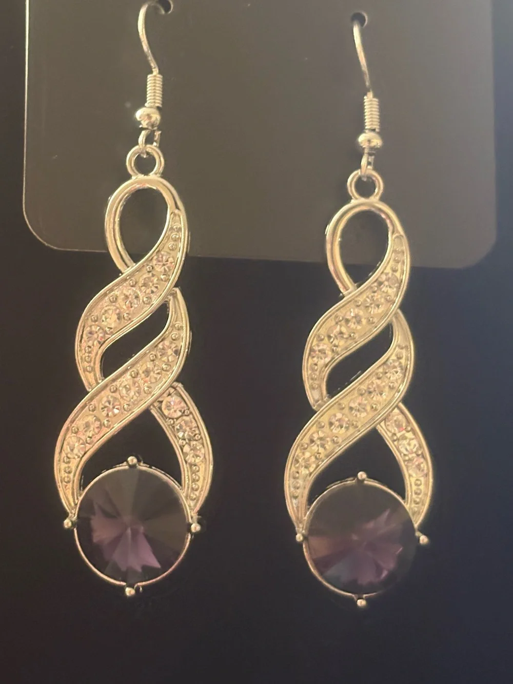 Silver-Tone Swirl Drop Earrings with Purple Crystal Accent
